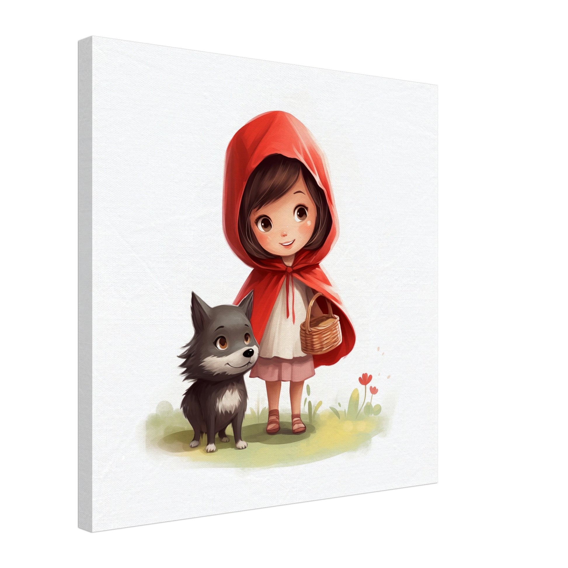 Leinwand „Ruby im Zauberwald“ mit Mädchen mit roter Kapuze und grauem Wolf, 50x50 cm