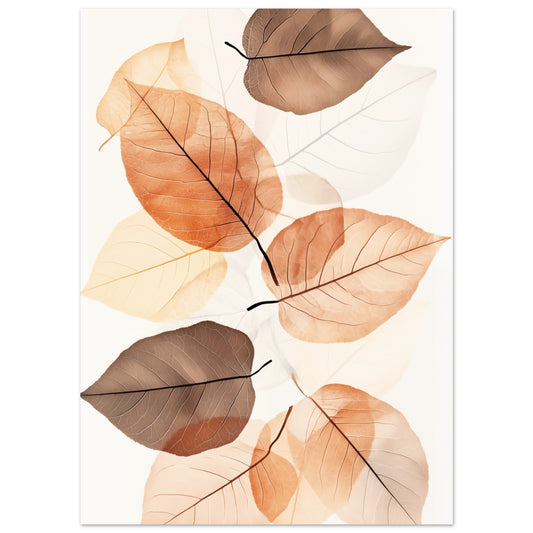 Poster „Blätter in warmen Tönen“ mit transparente Herbstblätter in Apricot, Creme und warmem Braun, Format 13 × 18 cm