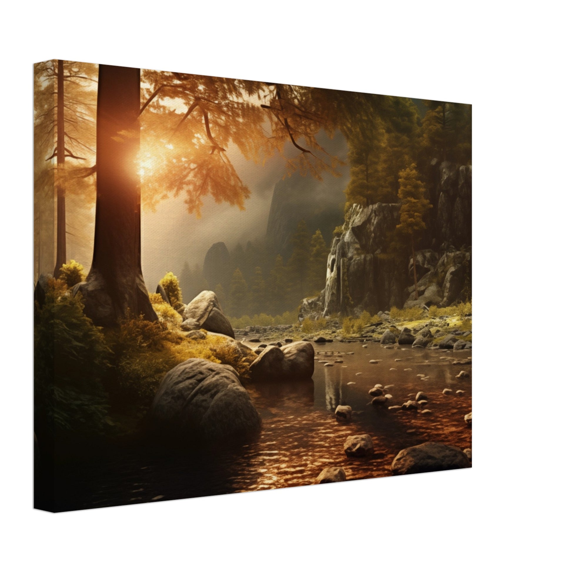 Leinwand „Herbstliche Reflexion“ mit sonnendurchflutetem Herbstwald mit Bachlauf und warmem Laub, 30x40 cm