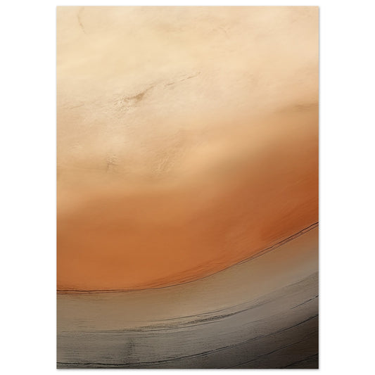 Poster „Morgendunst im Tal“ mit abstrakte Landschaft aus weichen Beige-, Orange-, Grau- und Sandflächen, 13x18 cm