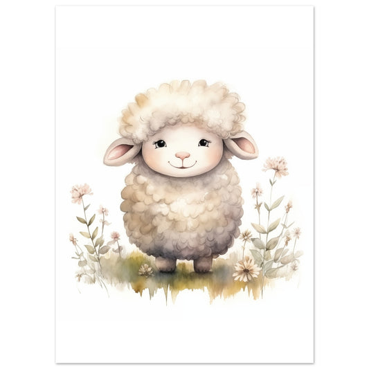 Poster „Schaf "Lenny"“ mit niedliches Schaf mit weicher grauer Wolle zwischen zarten Pflanzen, 13x18 cm
