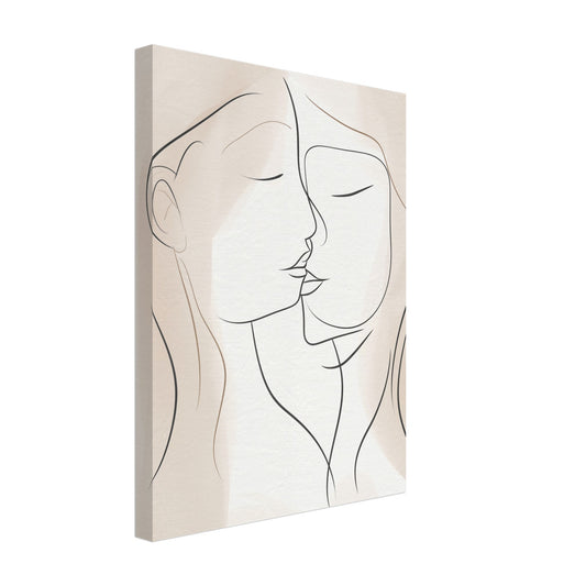 Leinwand „Harmonische Begegnung“ mit zwei Gesichter als feine schwarze Line Art auf warmem Cremegrund, 30x40 cm