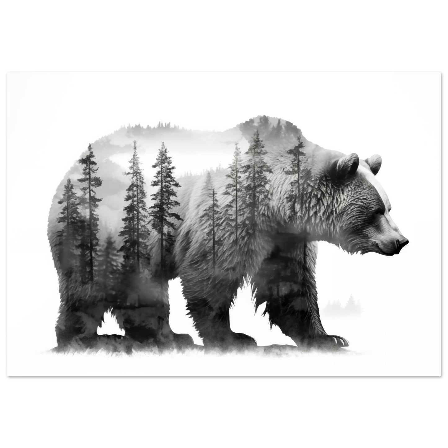 Bär im Wald – Schwarzweiß Doppelbelichtung 70x100 cm - Pixara