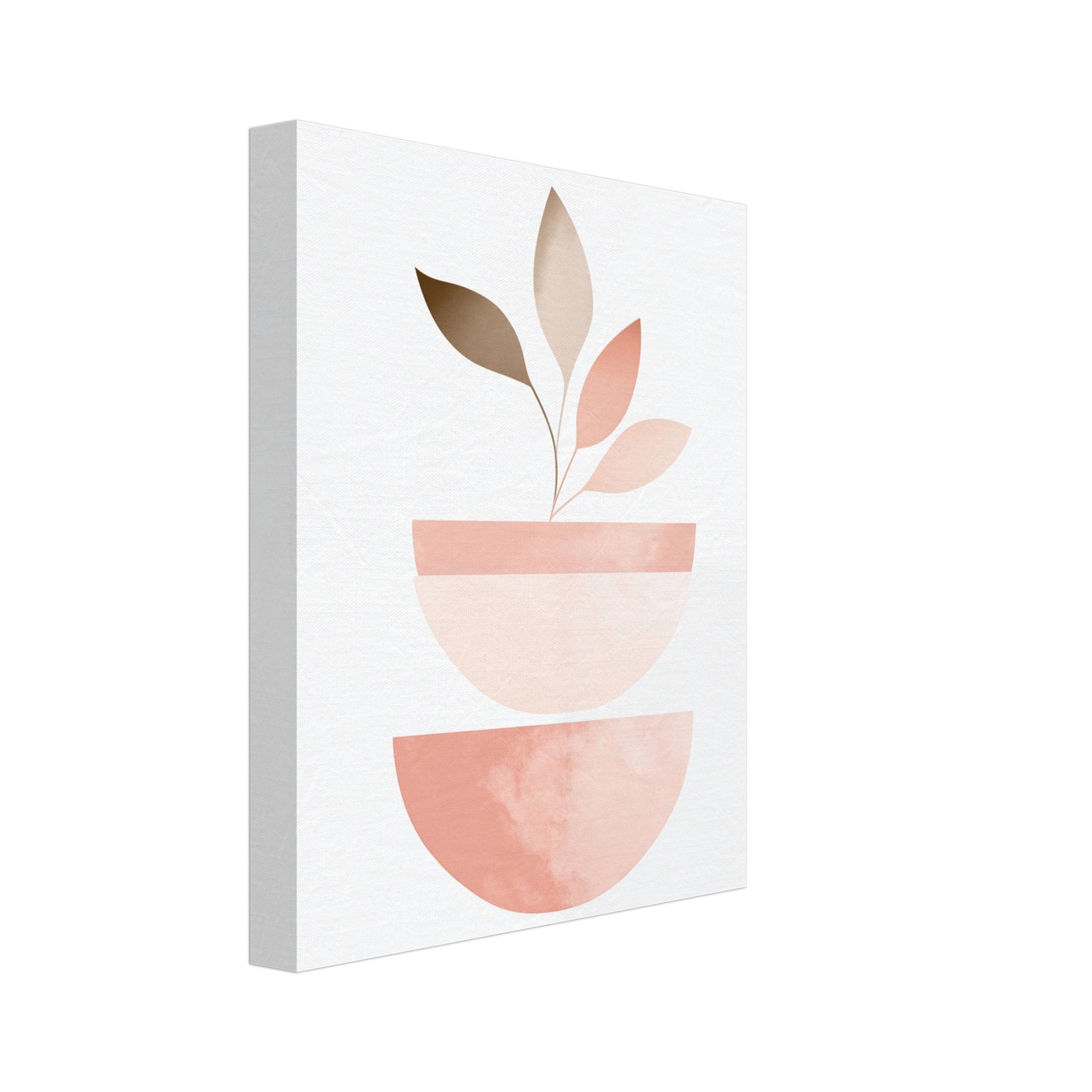Leinwand „Boho Balance“ mit minimalistische Boho Komposition aus Blättern und rosafarbenen Halbformen, Format 20 × 25 cm