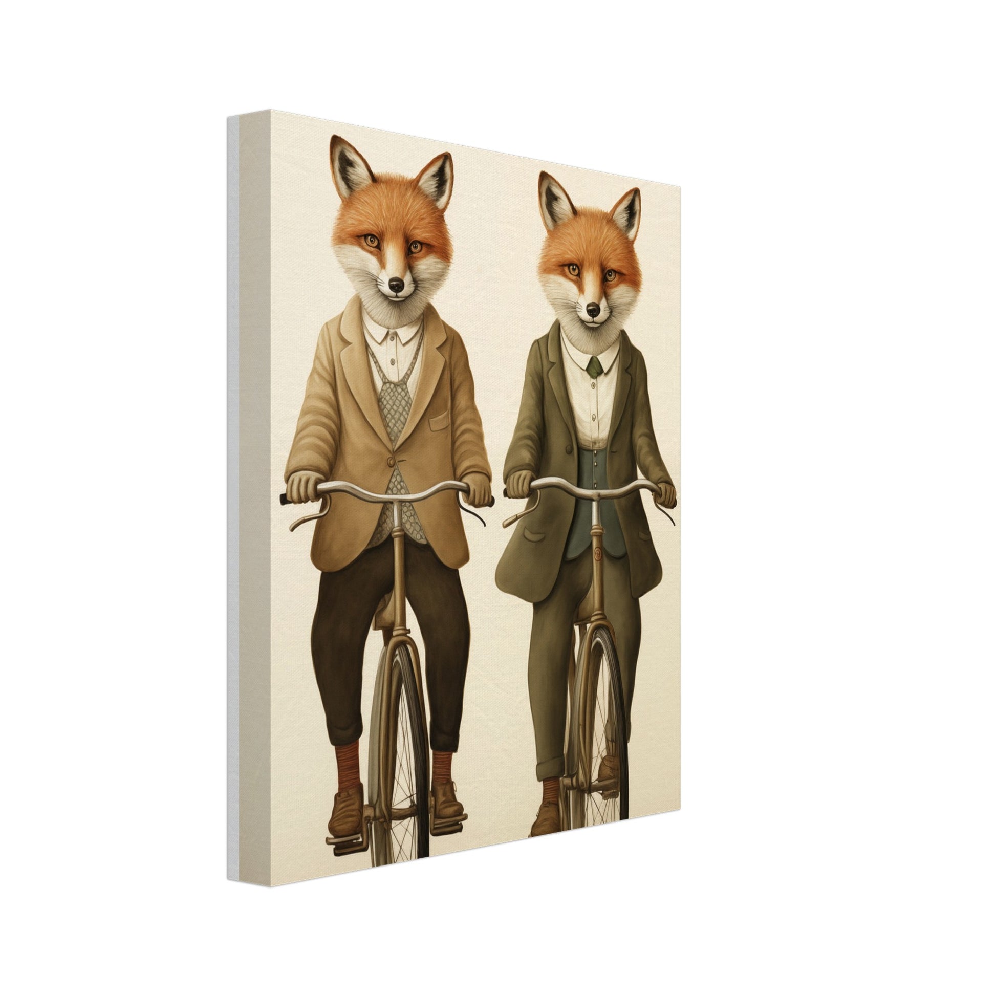 Leinwand „Mr. und Mrs. Foxleys Fahrt“ mit zwei elegant gekleideten Füchsen auf Fahrrädern, 20x25 cm