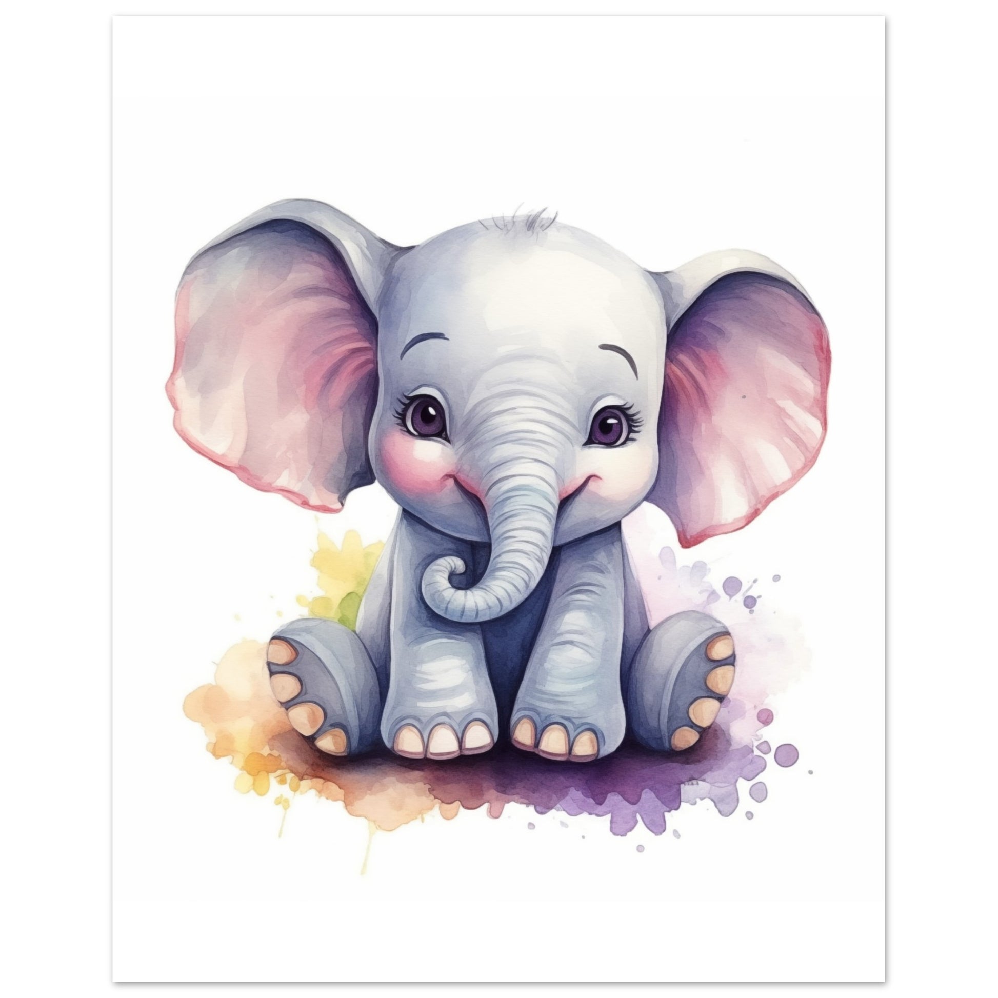 Poster „Elefant "Ellie"“ mit niedlicher grauer Babyelefant mit rosa Ohren und Aquarellspritze, 20x25 cm