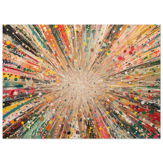 Poster „Farbenexplosion: Kunstwerk der Freude“ mit abstrakte Farbstrahlen in Orange, Grün, Blau und Beige, 13x18 cm