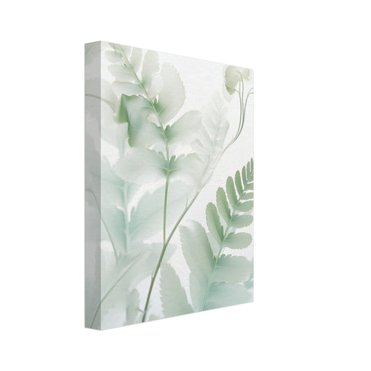 Leinwand „Farn“ mit zarter Farn und helle Blätter in transparentem Salbeigrün und Mint, 20x25 cm