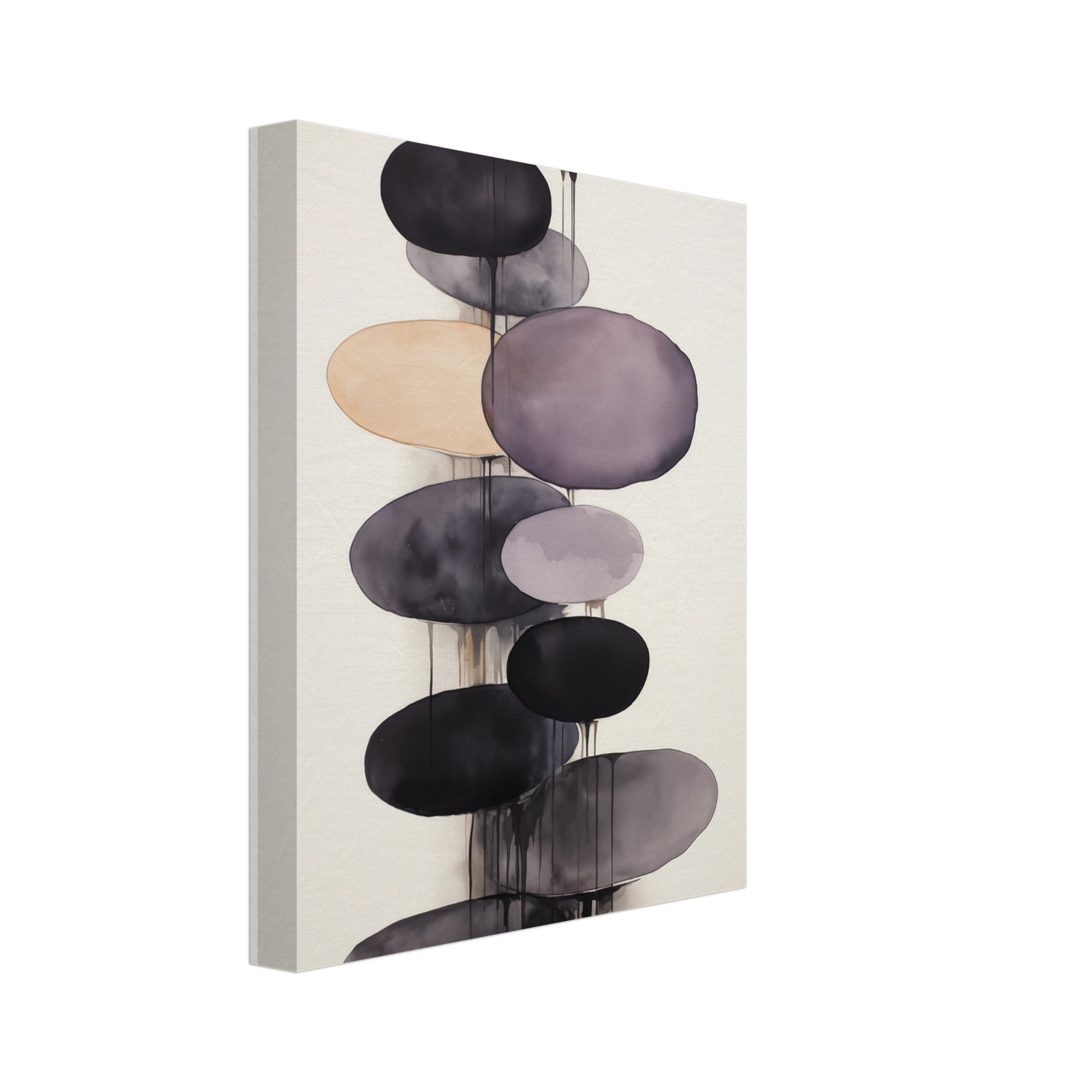 Leinwand „Abstrakte Harmonie“ mit gestapelten Ovalformen in Schwarz, Taupe und zartem Violett, 20 × 25 cm