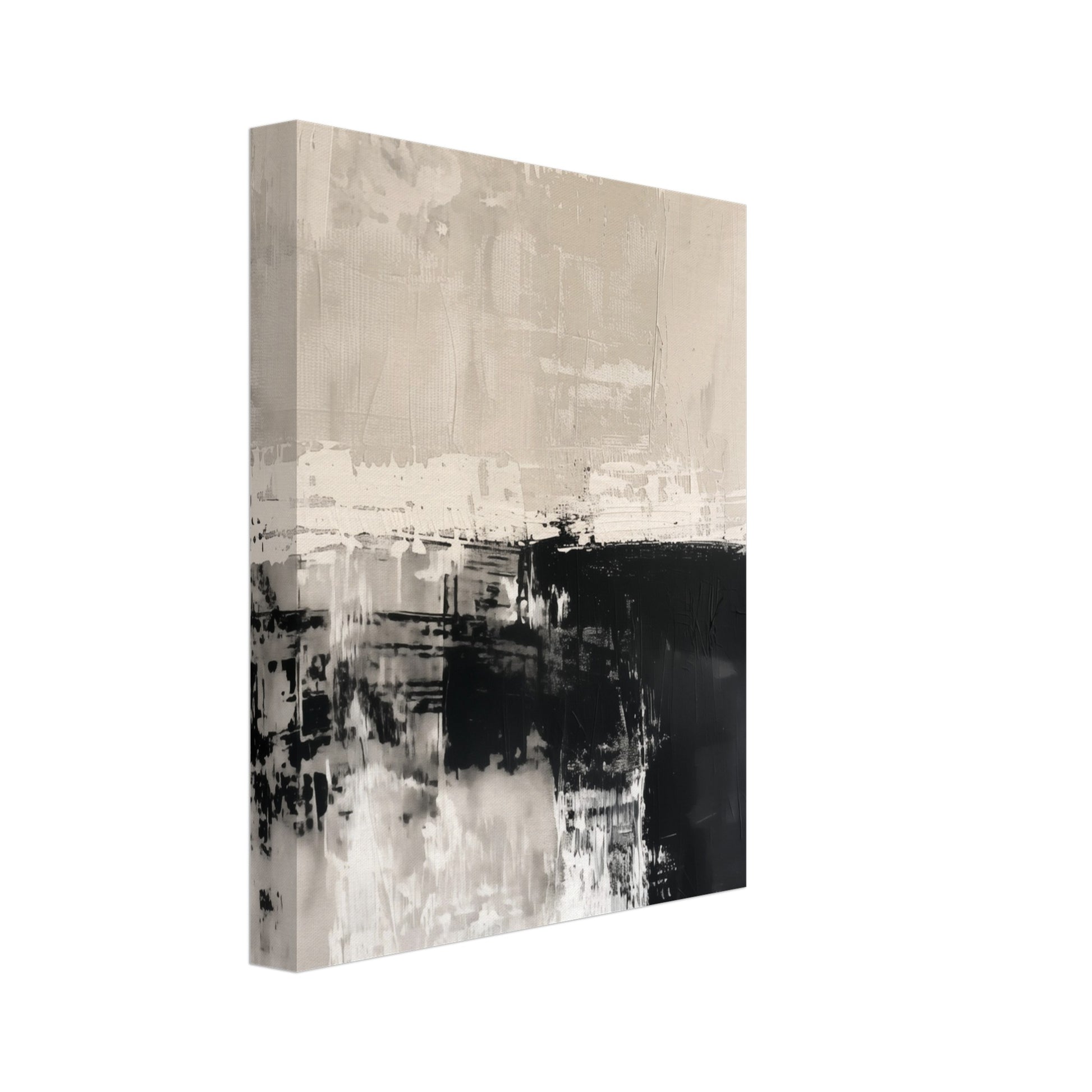 Leinwand „Monochrome Serenity“ mit abstrakter Komposition aus Creme und schwarzen Pinselblöcken, 20x25 cm