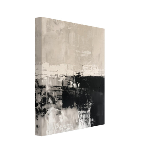 Leinwand „Monochrome Serenity“ mit abstrakter Komposition aus Creme und schwarzen Pinselblöcken, 20x25 cm