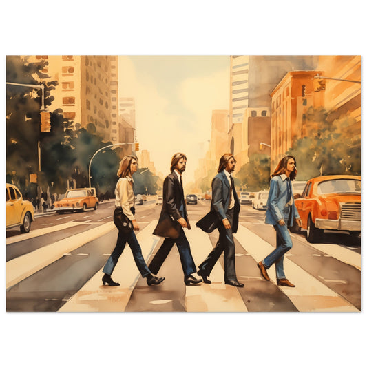 Poster „Der Weg der Ikonen“ mit vier Personen auf einem Zebrastreifen in warmer urbaner Retro Szene, Format 13 × 18 cm