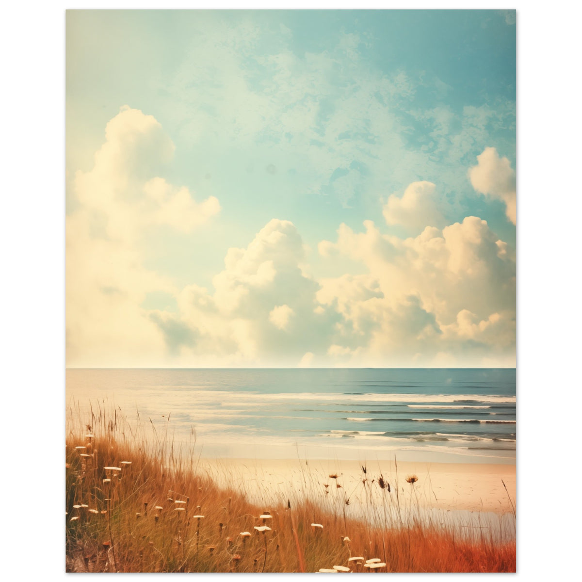 Poster „Seelandschaft in Sanftem Retro“ mit ruhiger Retro-Küstenlandschaft mit Strandgräsern, 40x50 cm
