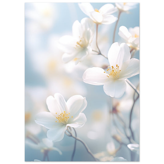 Poster „Zartes Erwachen“ mit helle weiße Blüten vor weich verschwommenem blau-cremefarbenem Hintergrund, 13x18 cm