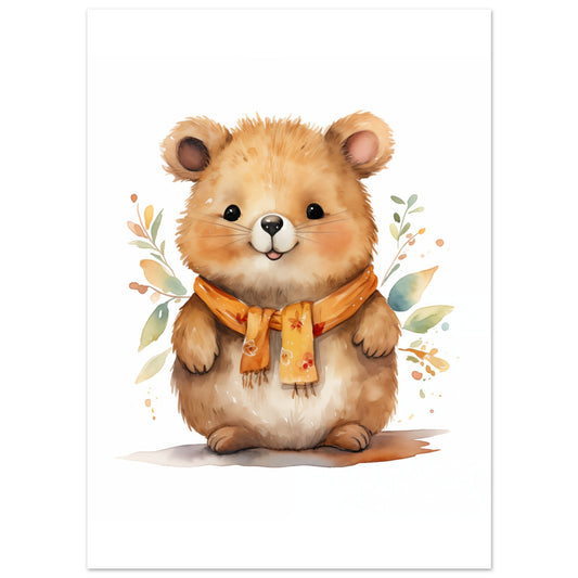 Poster „Quokka "Joey"“ mit niedliches Quokka mit orangefarbenem Schal und herbstlichen Blättern, 13x18 cm