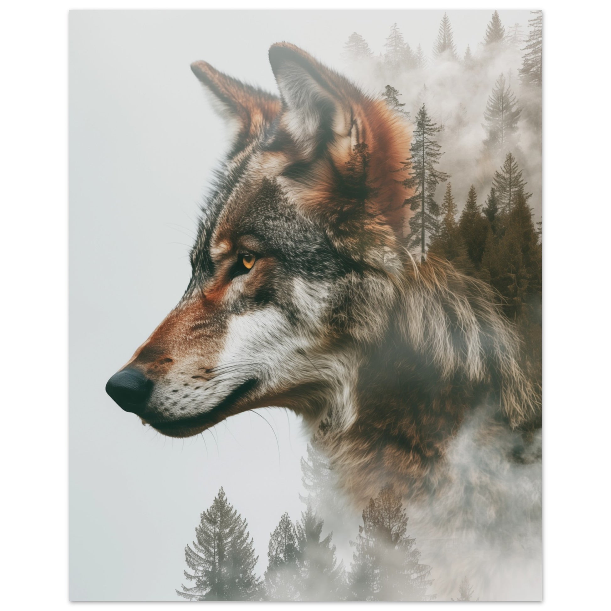 Wandbild „Wolf im Wald“ mit Wolfsporträt mit nebligem Wald als Doppelbelichtung, 40x50 cm