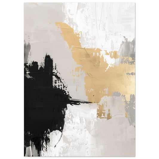 Poster „Golden Brushstroke Harmony“ mit abstrakte Pinselkomposition in Schwarz, Weiß, Grau und warmem Gold, 13x18 cm