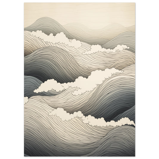 Poster „Marina“ mit stilisiertes Meer aus geschwungenen Wellenlinien in Creme, Grau und Anthrazit, 13x18 cm
