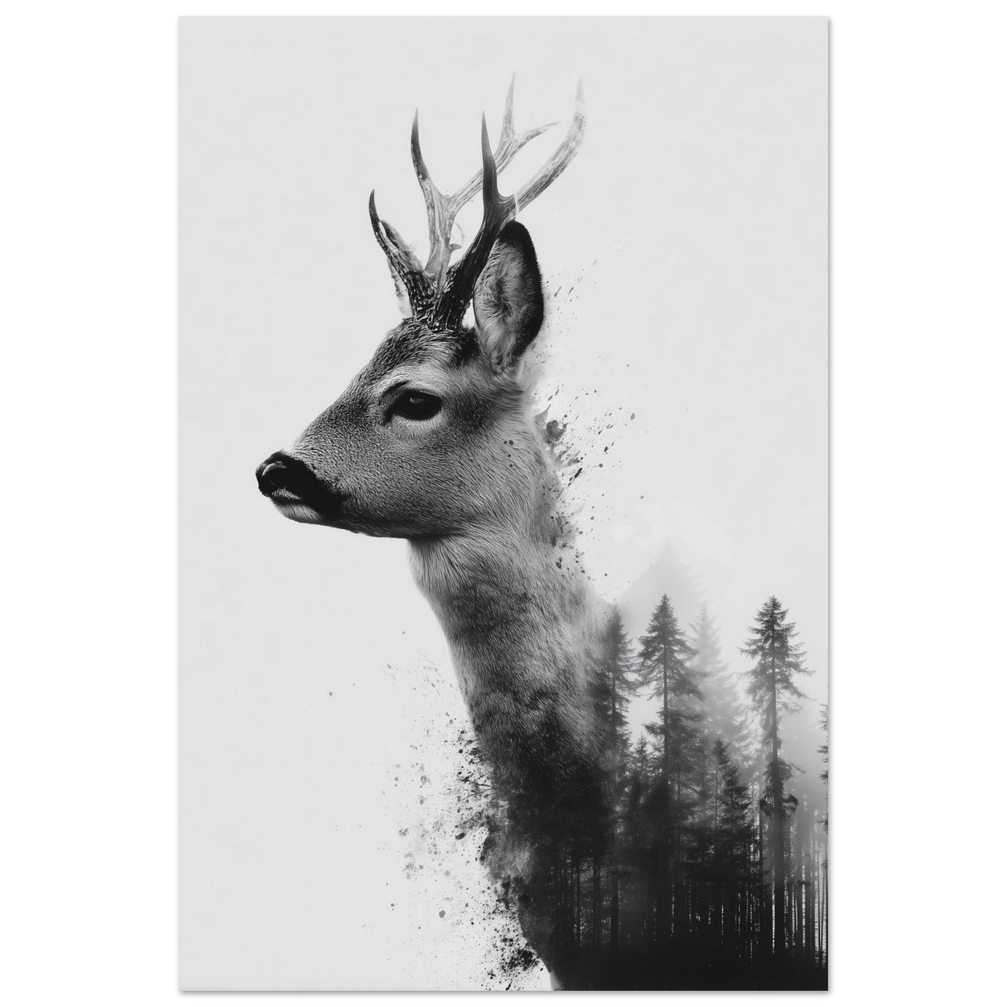 Reh & Wald – Doppelbelichtung in Schwarzweiß 60x90 cm - Pixara