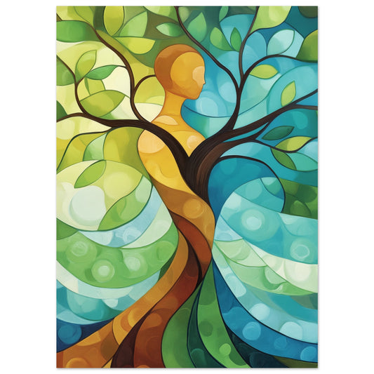 Poster „Die Symbiose von Mensch und Natur“ mit stilisiertes Baum-Mensch-Motiv in Türkis, Petrol, Grün und Orang, 13x18 cm