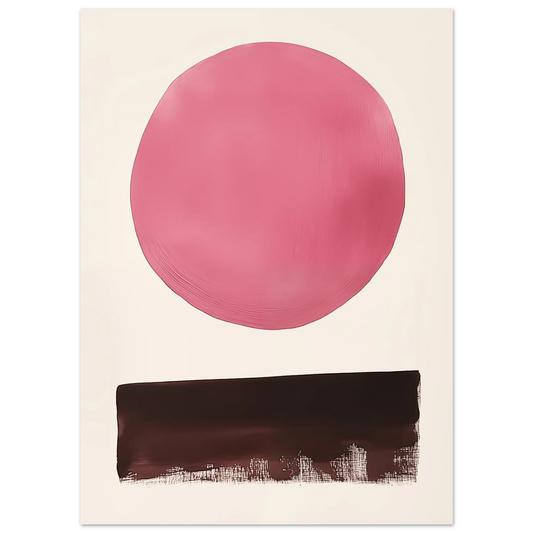 Poster „Rosa Kreis mit dunkler Basis“, 13 × 18 cm, mit großem rosafarbenem Kreis über dunkler horizontaler Basis auf hellem Grund
