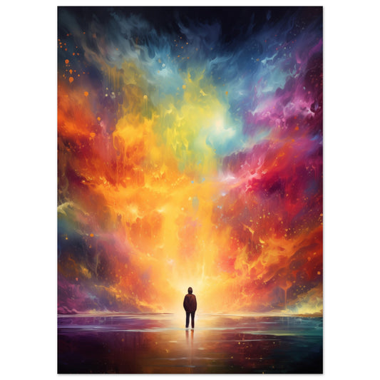 Poster „Farbexplosion“ mit leuchtende Farbexplosion mit kleiner Silhouette im Lichtzentrum, 13x18 cm
