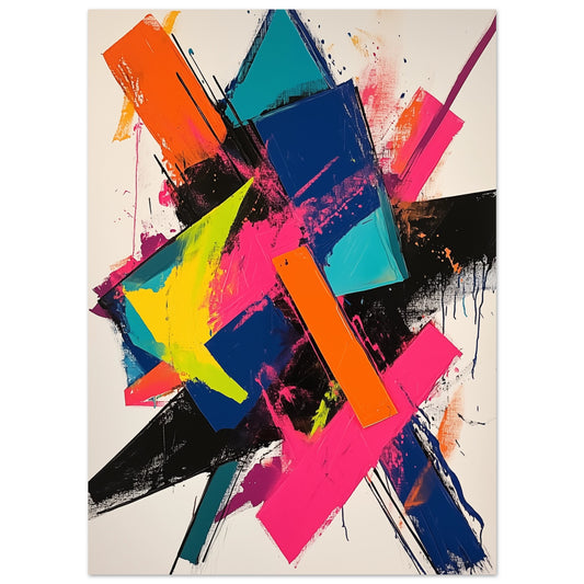 Poster „Abstrakte Explosion der Farben“ mit expressiven Farbflächen in Rot, Blau, Gelb, Grün und Schwarz, 13 × 18 cm