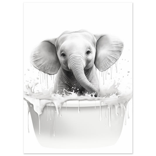 Poster „Schaumbad Spaß“ mit Elefant in einer Badewanne mit Schaum in Schwarzweiß, 13x18 cm