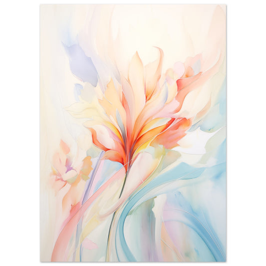Poster „Blütenzauber“ mit fließende abstrakte Blüte in Apricot, Türkis und zarten Pastelltönen, Format 13 × 18 cm