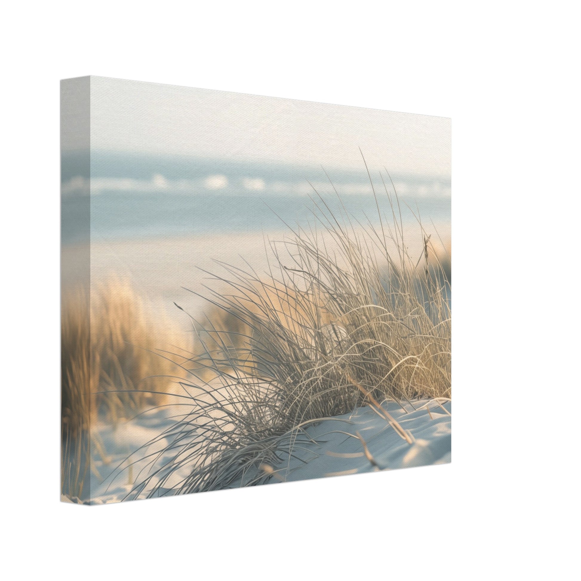 Leinwand „Sand und Schilf“ mit helle Sanddünen mit Strandgräsern und ruhigem Meer in Creme, Sand und zartem Blau, 20x25 cm
