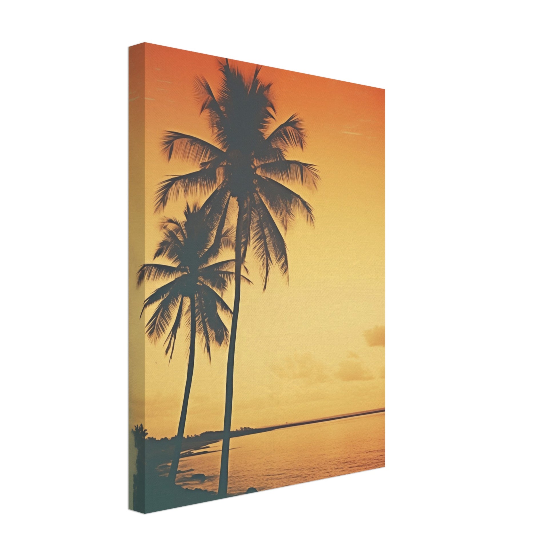 Leinwand „Abendruhe in Tangerine“ mit zwei Palmen vor orangefarbenem Sonnenuntergang am Meer, 30 × 40 cm