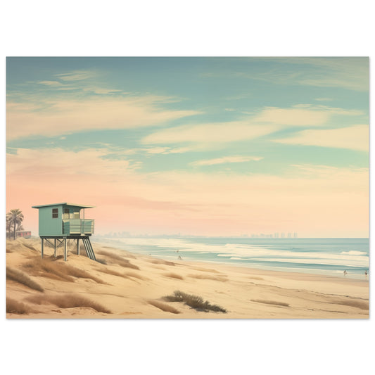 Poster „Wächter des Meeres“ mit kleinem Strandwächterhaus auf weiten Sanddünen, 13x18 cm