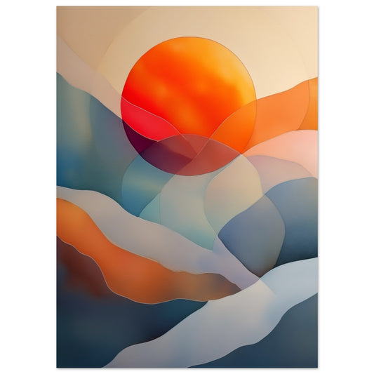 Poster „Sonnenuntergangswellen“ mit abstrakten Wellen in Blau, Orange und Creme mit roter Sonne, 13x18 cm