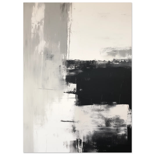 Poster „Silent Reflections“ mit abstrakten schwarzen und grauen Pinselblöcken auf hellem Grund, 13x18 cm