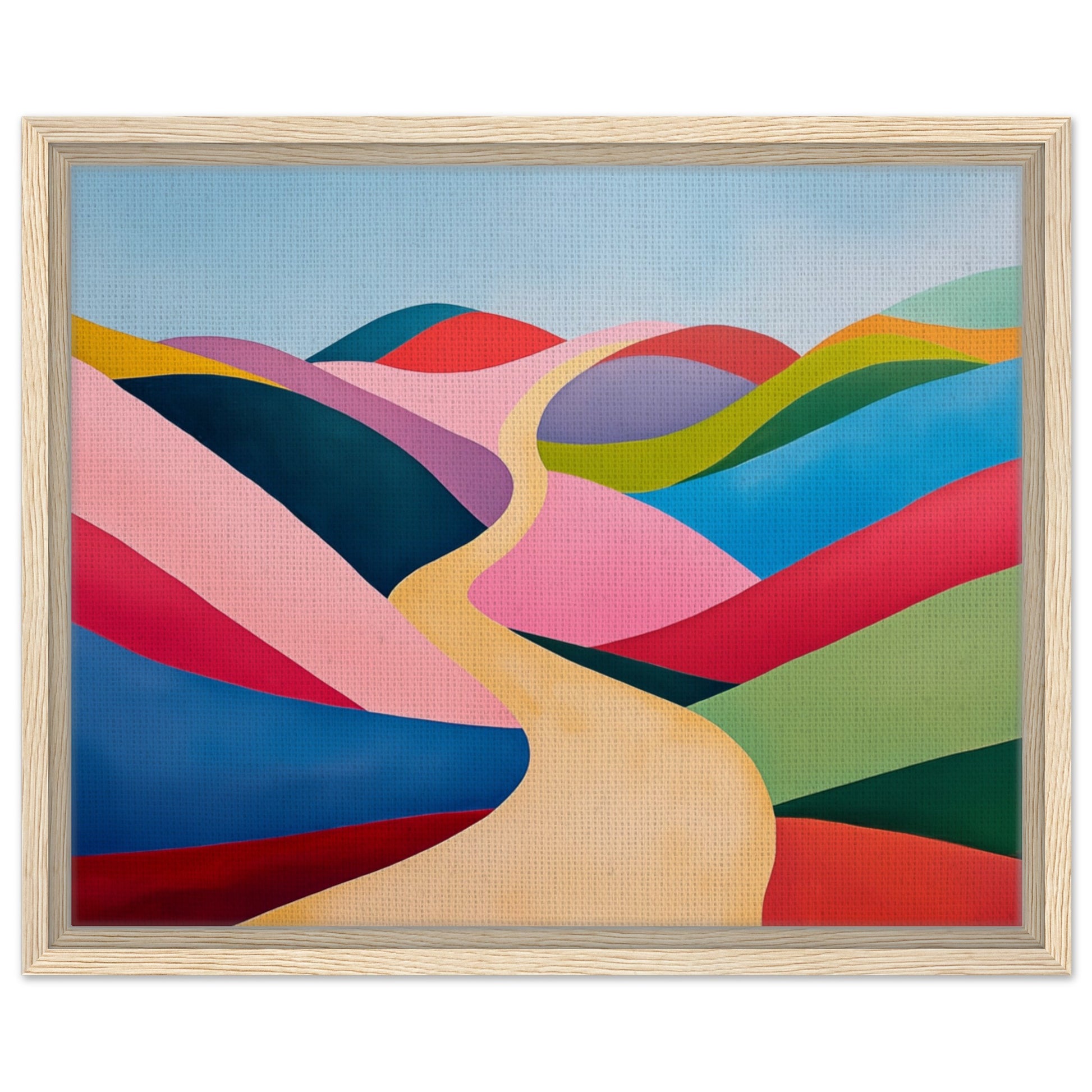 Gerahmte Leinwand „Surreale Hügel“, heller Holzrahmen, 40 × 50 cm, mit surrealen bunten Hügeln in Pink, Rot, Blau und Grün
