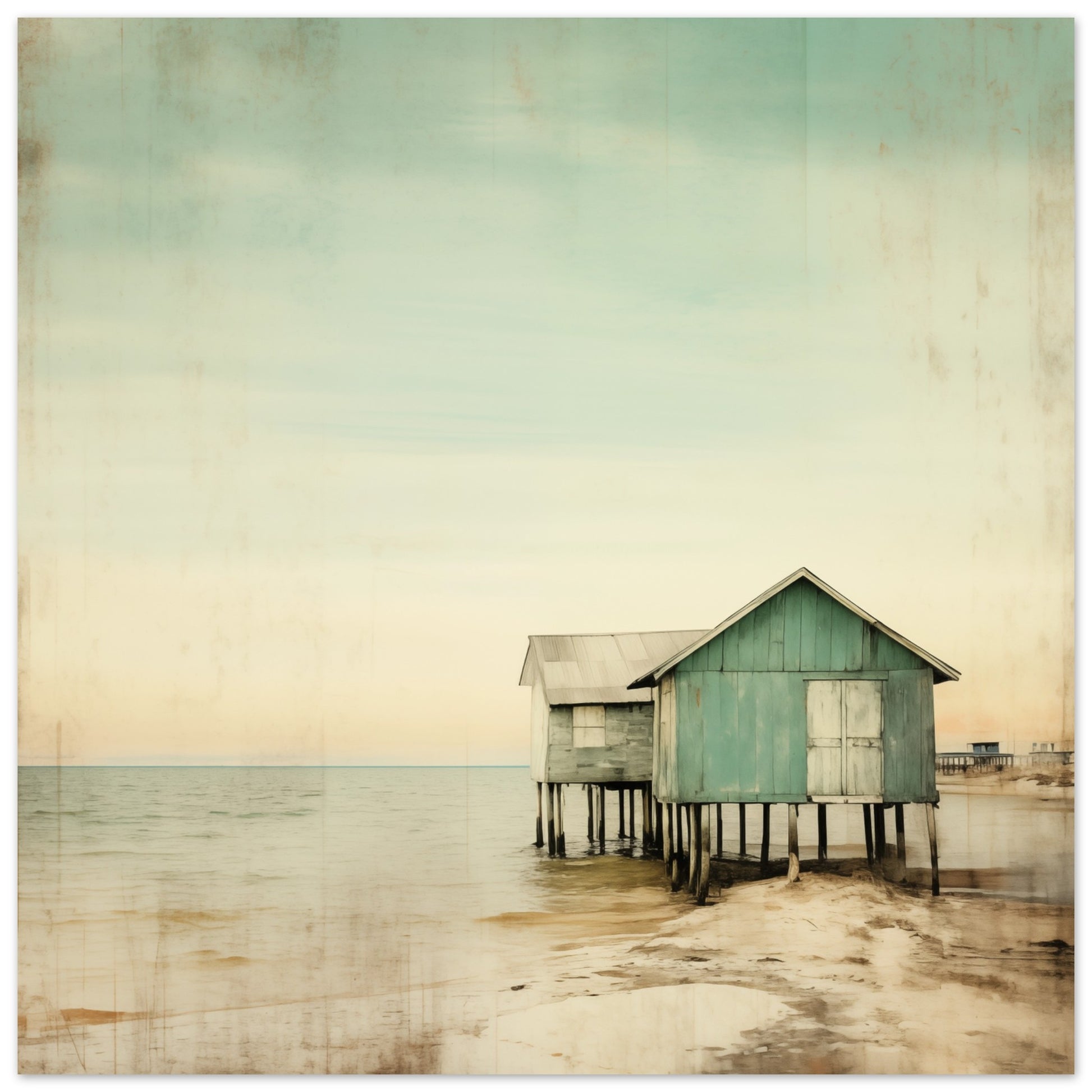 Poster „Stille über dem Wasser“ mit mintgrüner Strandhütte über ruhigem Wasser, 50x50 cm