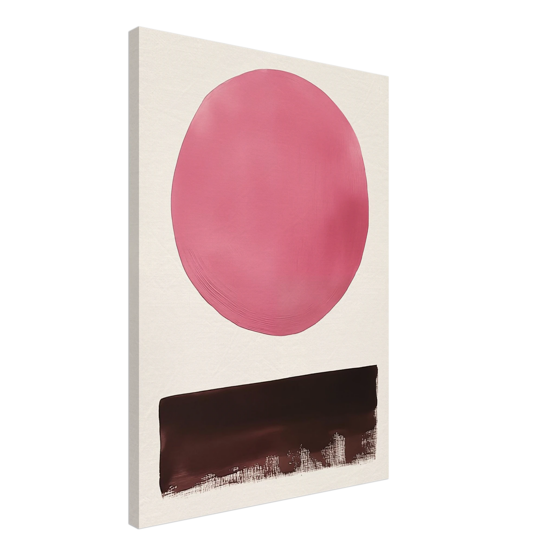 Leinwand „Rosa Kreis mit dunkler Basis“, 50 × 70 cm, mit großem rosafarbenem Kreis über dunkler horizontaler Basis auf hellem Grund