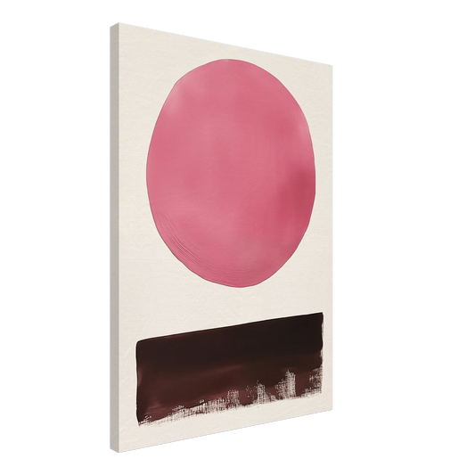 Leinwand „Rosa Kreis mit dunkler Basis“, 50 × 70 cm, mit großem rosafarbenem Kreis über dunkler horizontaler Basis auf hellem Grund