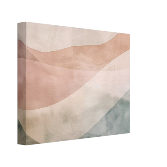 Leinwand „Wellen der Stille“ mit abstrakter Wellenlandschaft in Altrosa, Creme, Grau und Grün, 20x25 cm