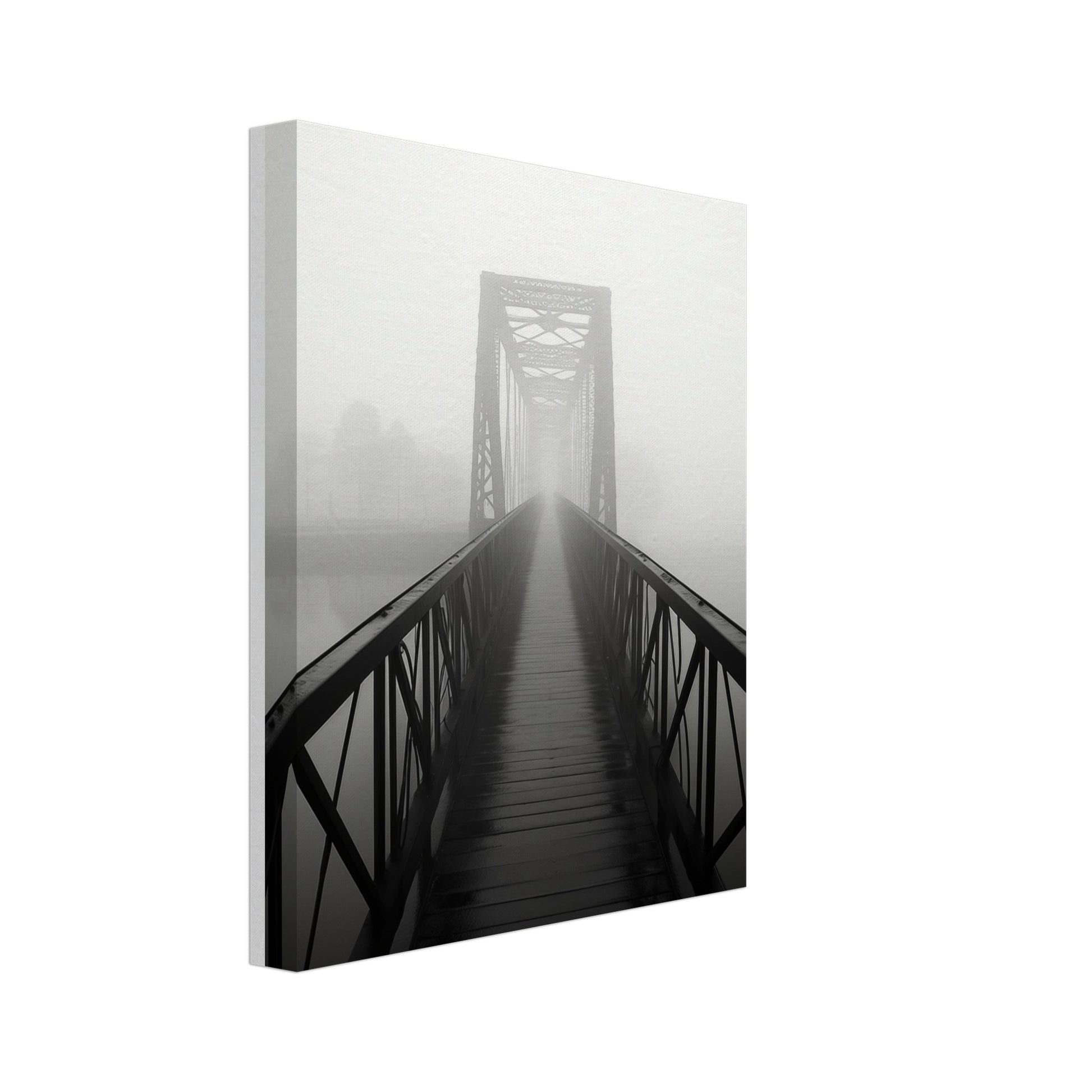 Leinwand „Nebelbrücke 2“ mit schwarzweiße Brücke, die in dichten Nebel führt, 20x25 cm