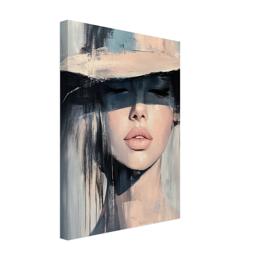 Leinwand „Verborgene Eleganz“ mit Frauenporträt mit schwarzem Pinselbalken über den Augen, 30x40 cm