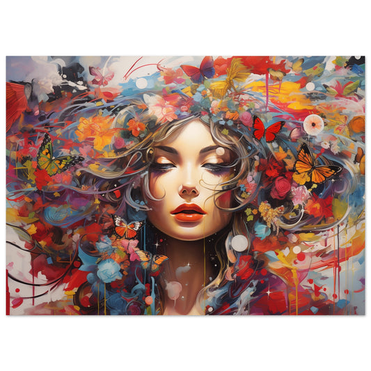 Poster „Traumfängerin“ mit Frauenporträt mit üppigem floralen Kopfschmuck, 13x18 cm