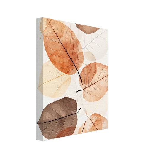 Leinwand „Blätter in warmen Tönen“ mit transparente Herbstblätter in Apricot, Creme und warmem Braun, Format 20 × 25 cm