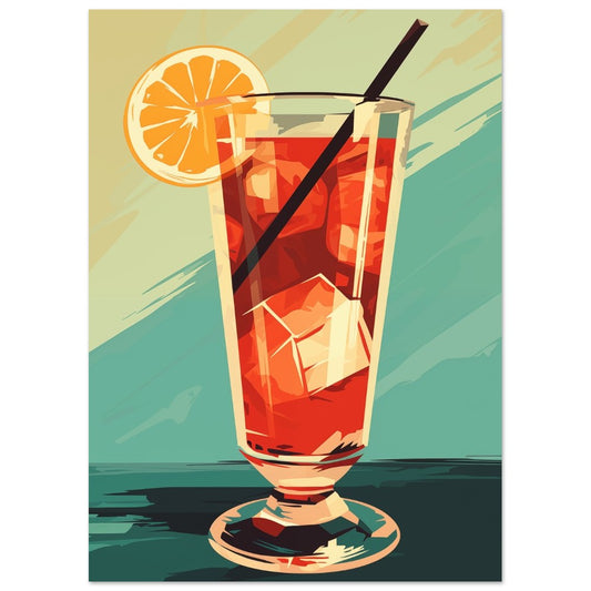 Poster „Sonnige Siesta“ mit orangefarbenem Retro-Cocktail mit Orangenscheibe vor mintgrünem Hintergrund, 13x18 cm