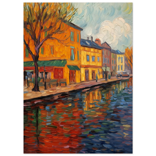 Poster „Impressionistische Stadtoase“ mit impressionistischer Stadtansicht am Kanal mit herbstlichen Bäumen, 13x18 cm