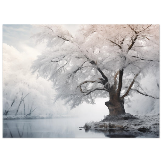 Poster „Wintertraum am See“ mit großer kahler Baum am stillen See in heller winterlicher Landschaft, 13x18 cm