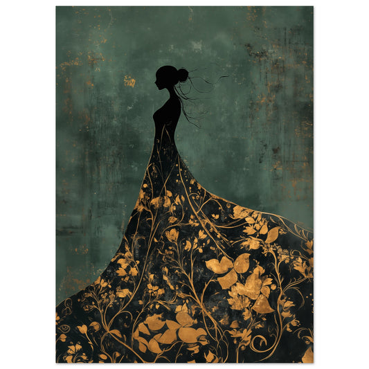 „Goldene Eleganz , Silhouette einer Frau in floraler Pracht“ als Poster mit schwarzer Frauensilhouette im Kleid mit goldenem, Ansicht 15