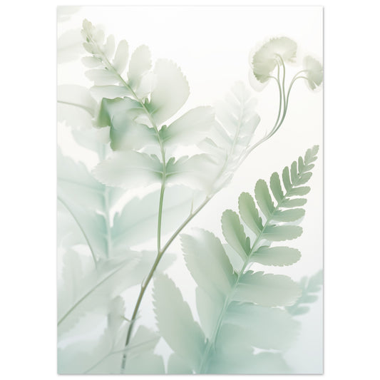 Poster „Farn“ mit zarter Farn und helle Blätter in transparentem Salbeigrün und Mint, 13x18 cm