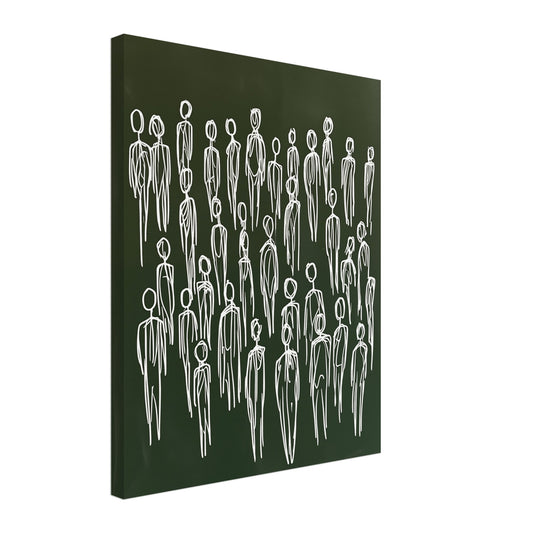 Leinwand „Die Menschenmenge“ mit abstrakte Gruppe weißer, linienhafter Figuren auf olivgrünem Gru, 40x50 cm
