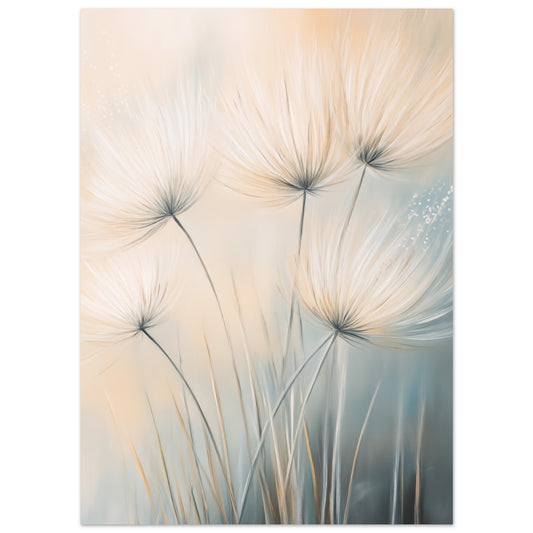 Poster „Sanfte Pusteblumen im Wind“ mit Pusteblumen in Creme und Hellblau vor weichem Hintergrund, 13x18 cm